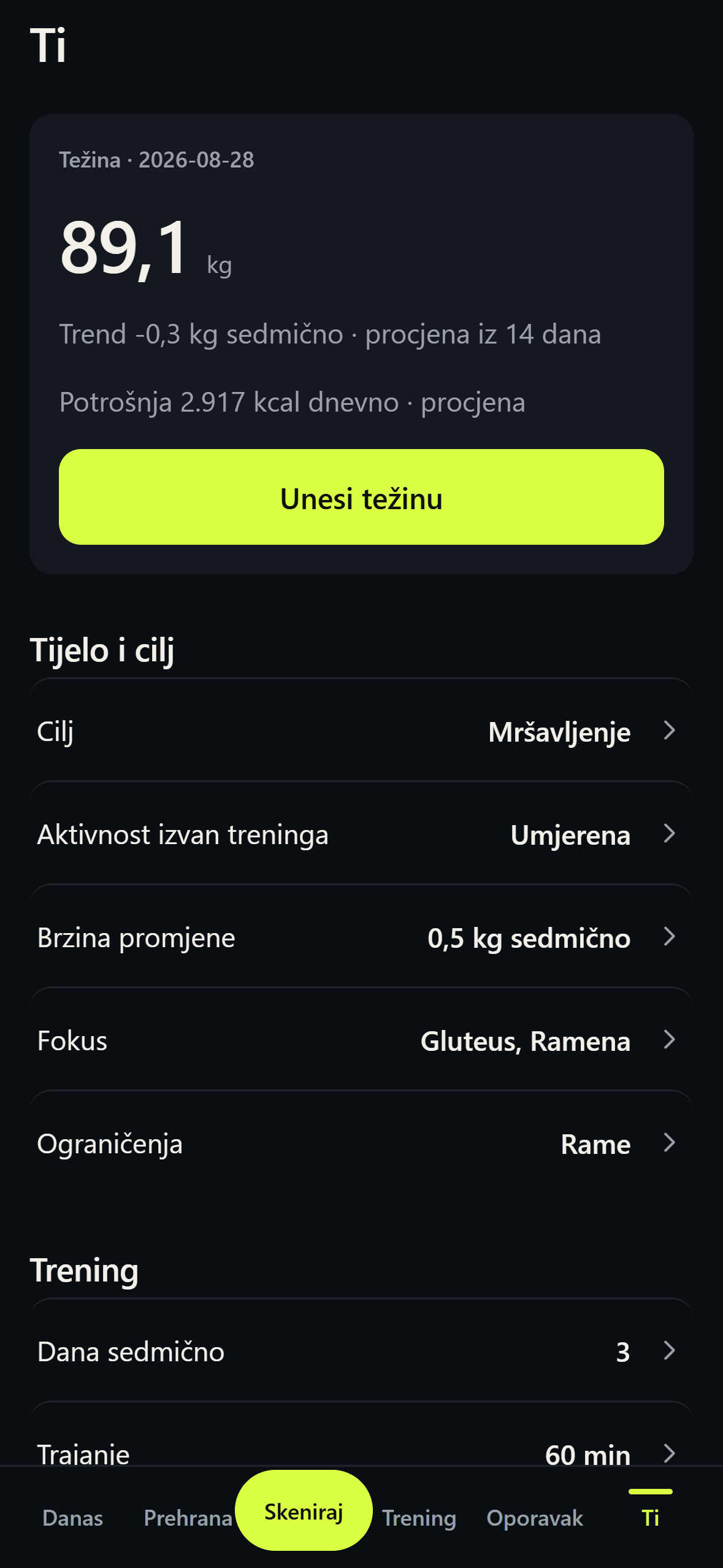 The Veyrova account screen in Bosnian, showing the last weight reading of 89.1 kilograms, a trend of minus 0.3 kilograms per week estimated from fourteen days, and the daily energy expenditure that follows from it.